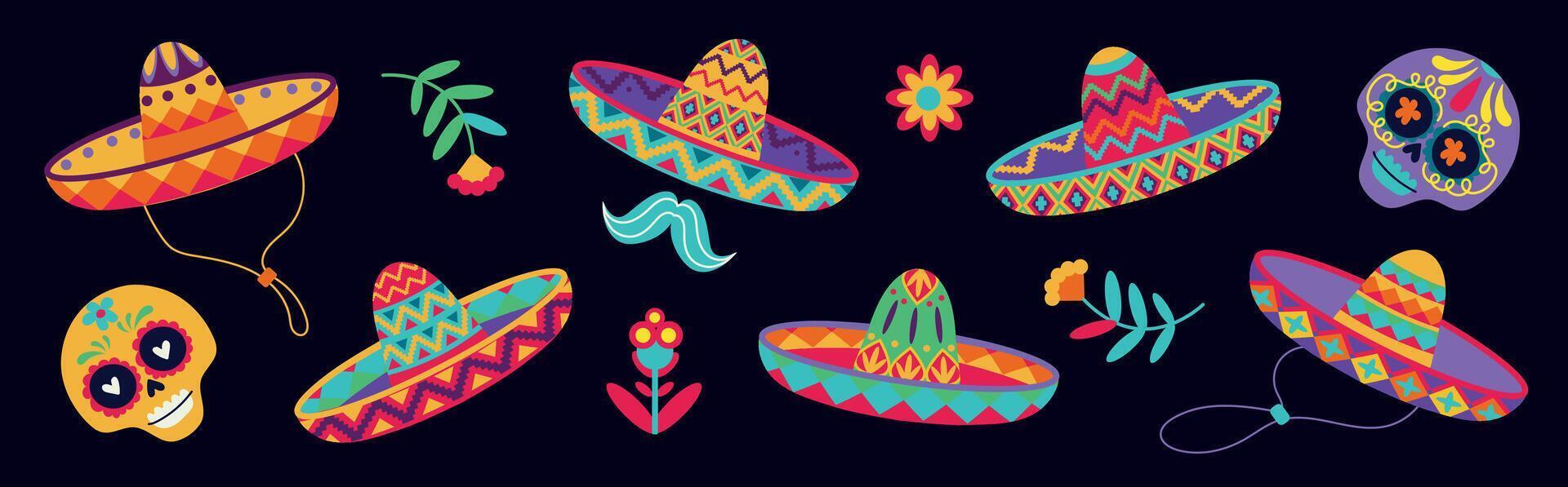 Mexican sombrero hats with color ethnic pattern, Mexico holiday and fiesta party objects. Cinco de Mayo carnival. illustration. vector