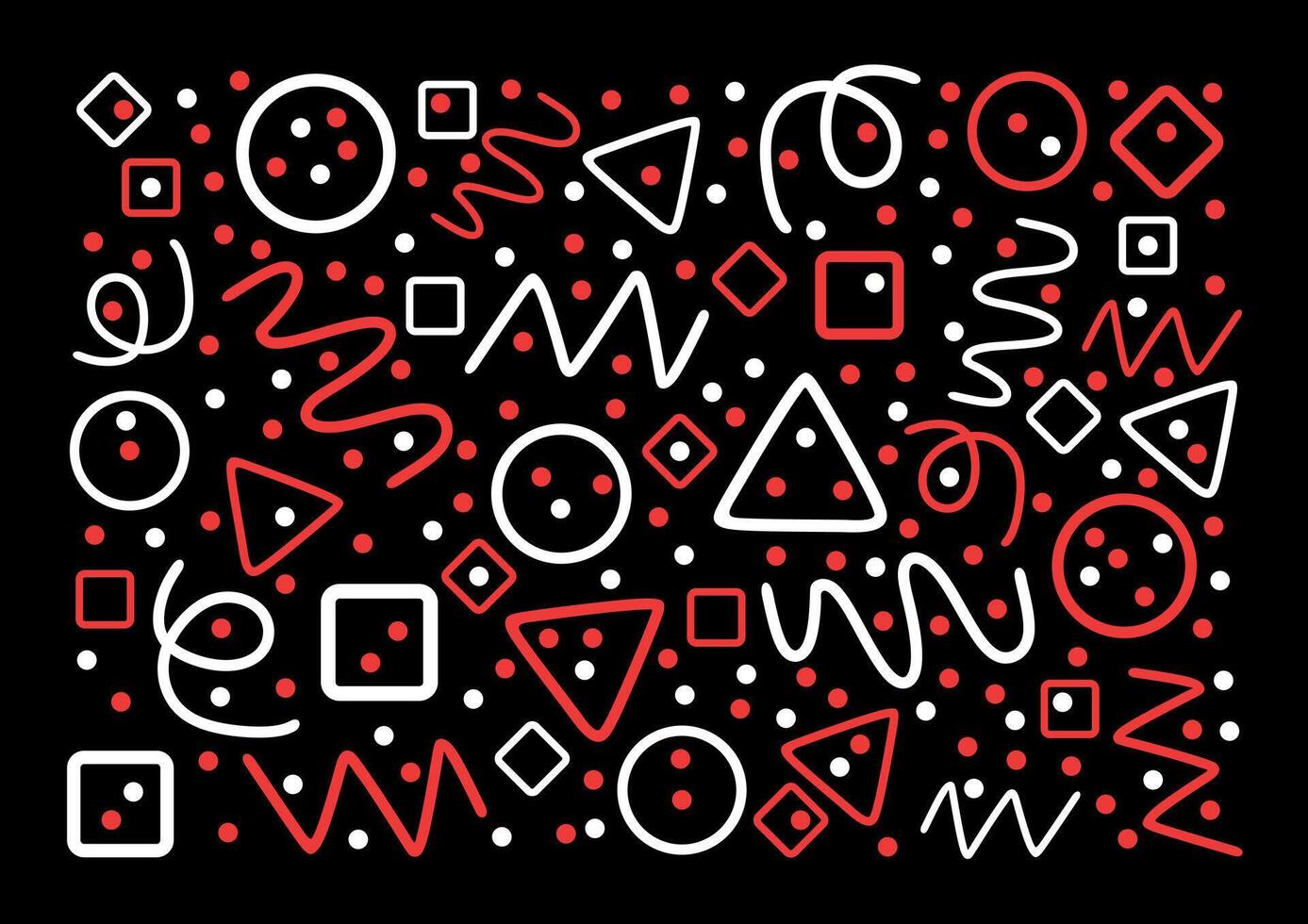 negro, rojo y blanco modelo formas círculos, triangulos, serpentina, puntos, cuadrícula, rombo y zigzag. divertido línea garabatear forma antecedentes. vector