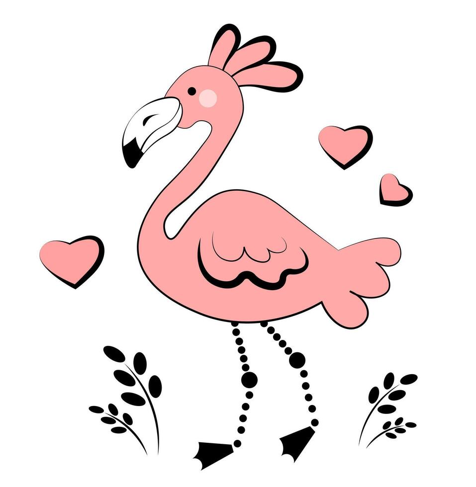 Pink flamingo on white background. Doodle vector