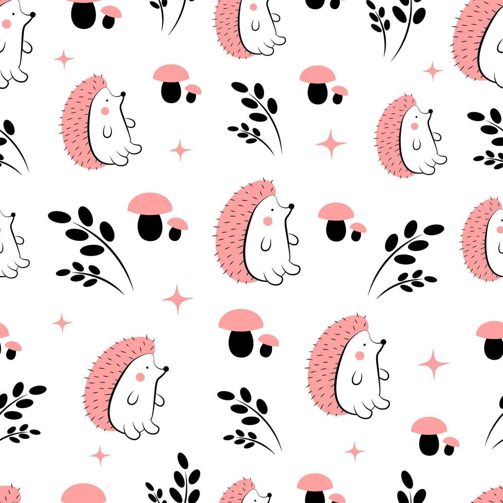 Seamless pattern with mushrooms and hedgehogs vector