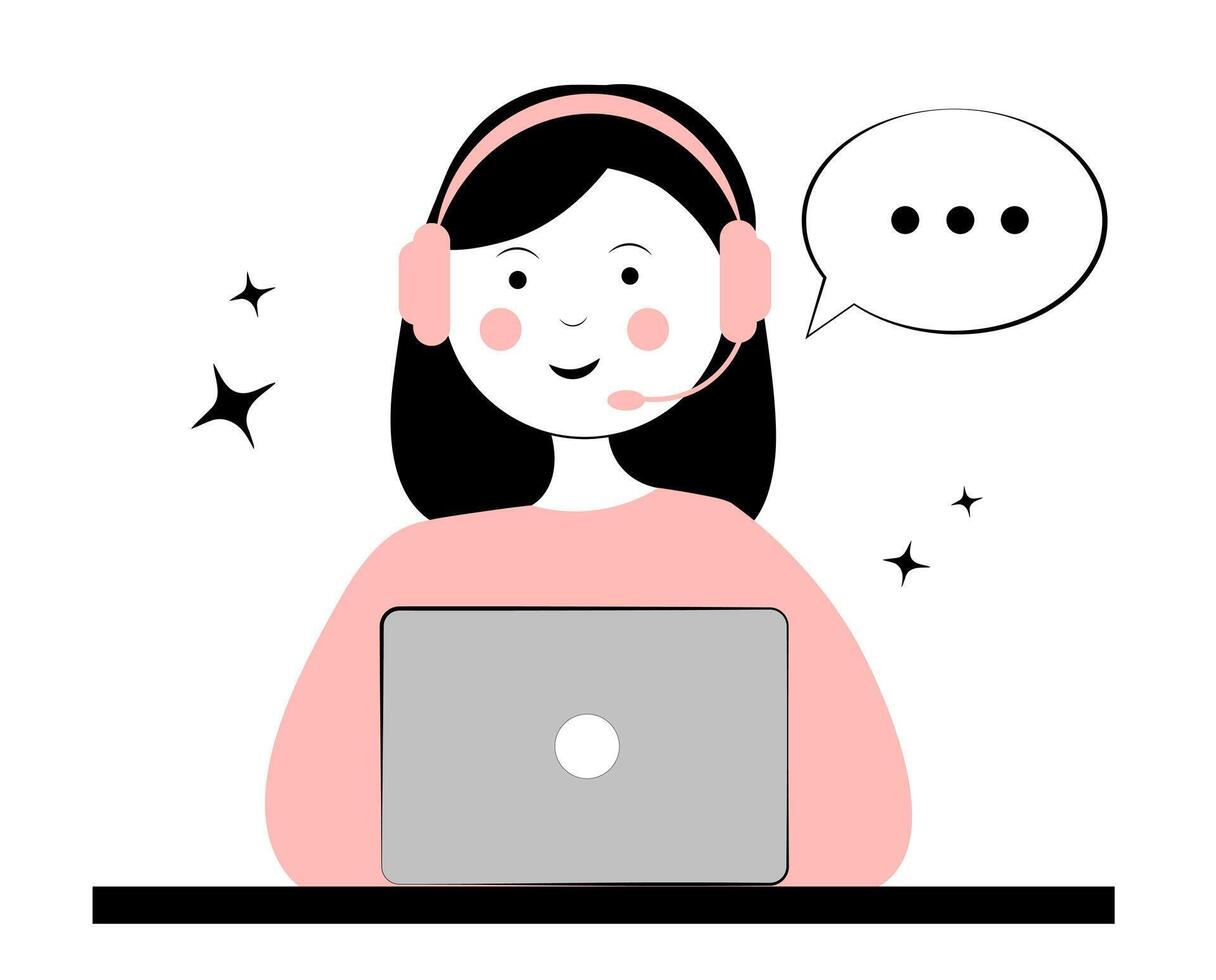 Call center. Woman in headphones with laptop on white background. Technical support vector