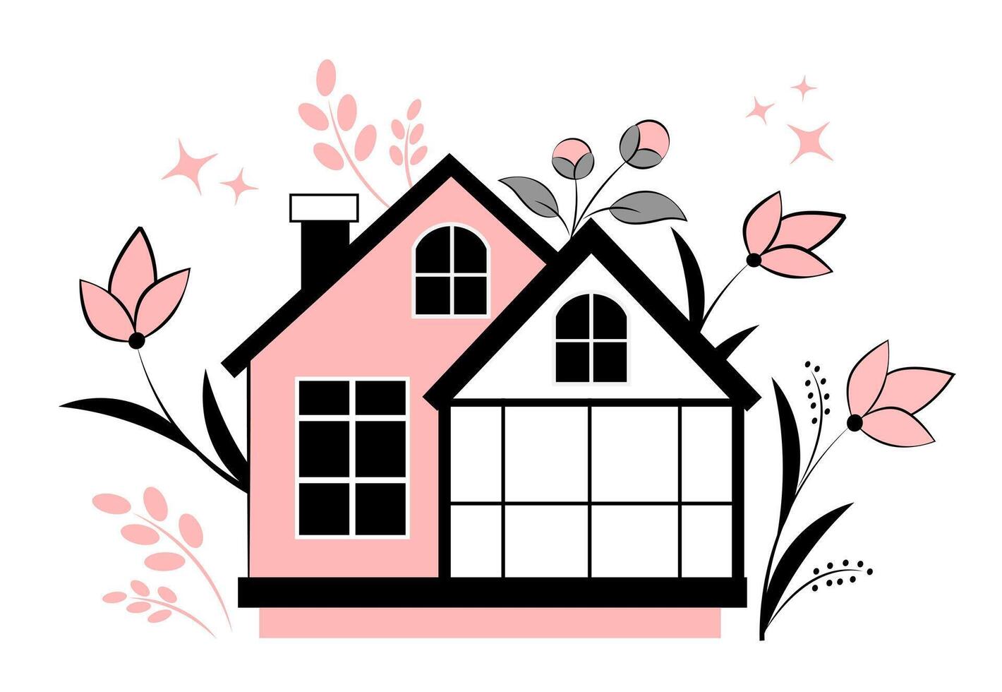 linda casa con flores en un blanco antecedentes vector