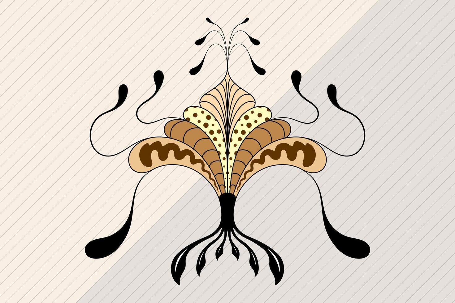 Abstract artistic tree decoration with striped grey lines background. Geometric motifs with shapes, lines, and circles. vector