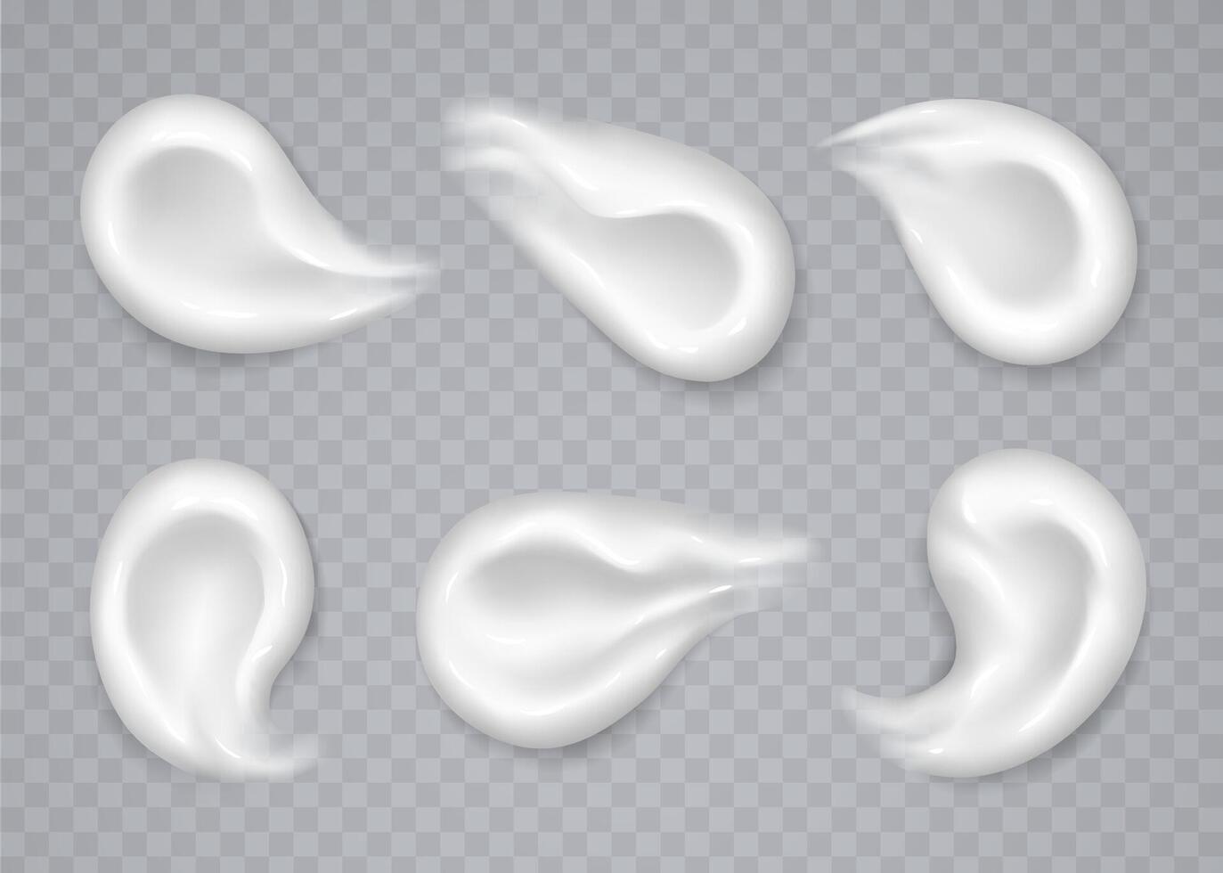 White cream smears collection isolated on grey background. Moisturizing lotion, sunscreen strokes. vector