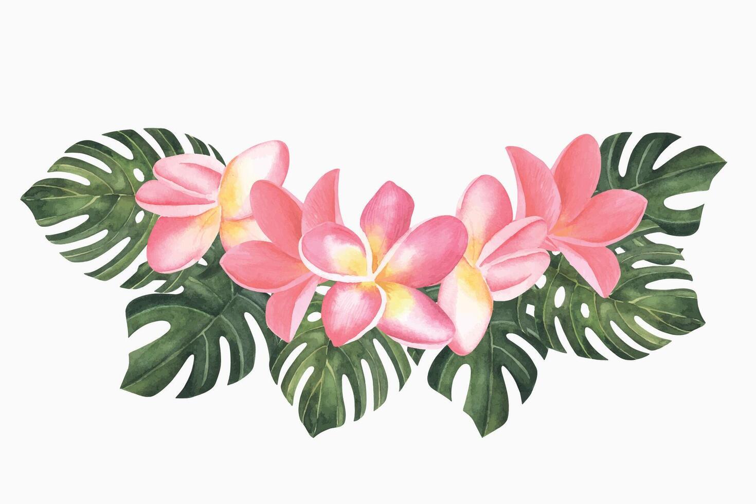 Plumeria pink Flowers watercolor illustration. Hand drawn sketch of Frangipani bouquet. Tropical border with exotic plants for spa invitations or greeting cards design. Blooming jungle composition vector