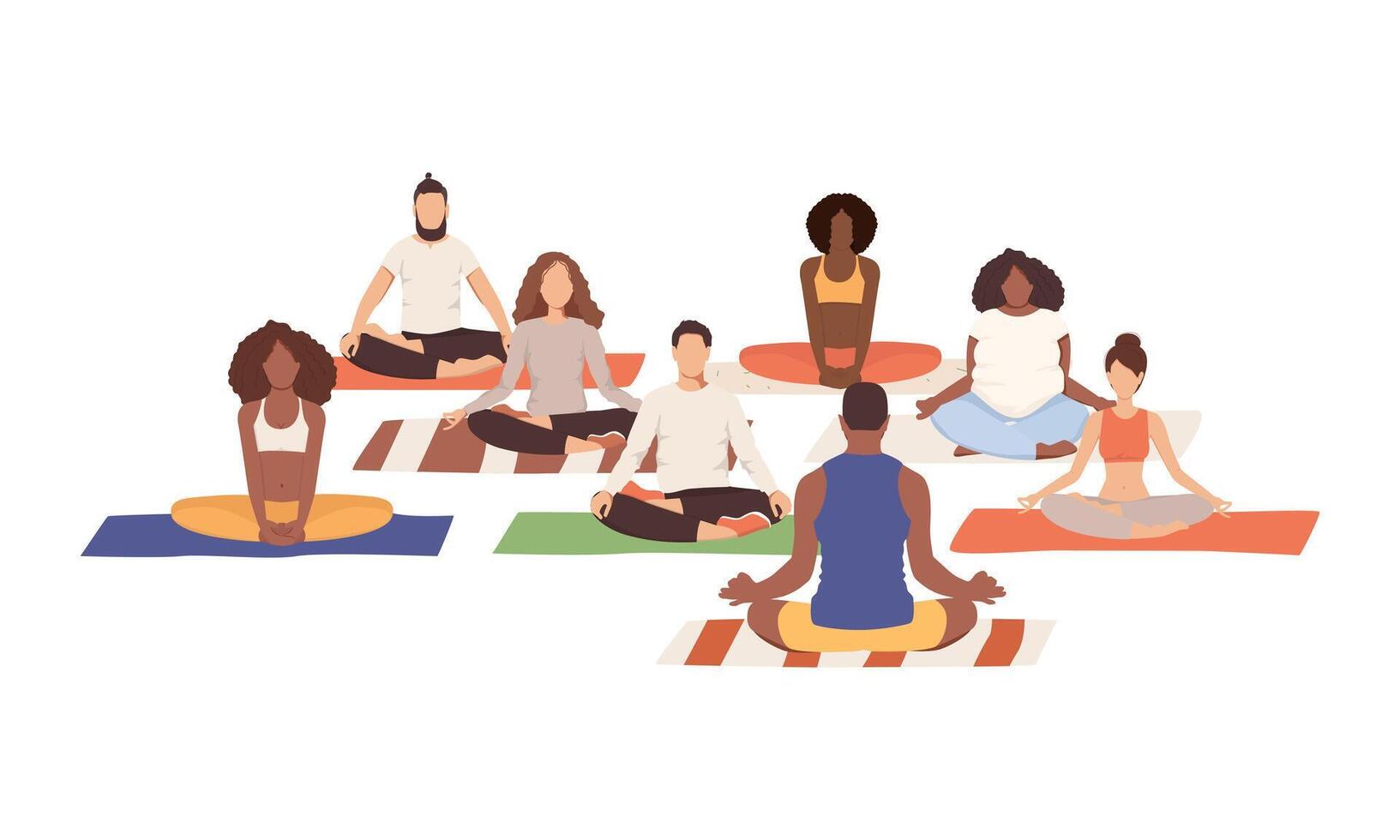 grupo de personas hacer ejercicio juntos. hombres y mujer son sentado en loto asana durante yoga clase con maestro. ilustración aislado en el blanco antecedentes vector