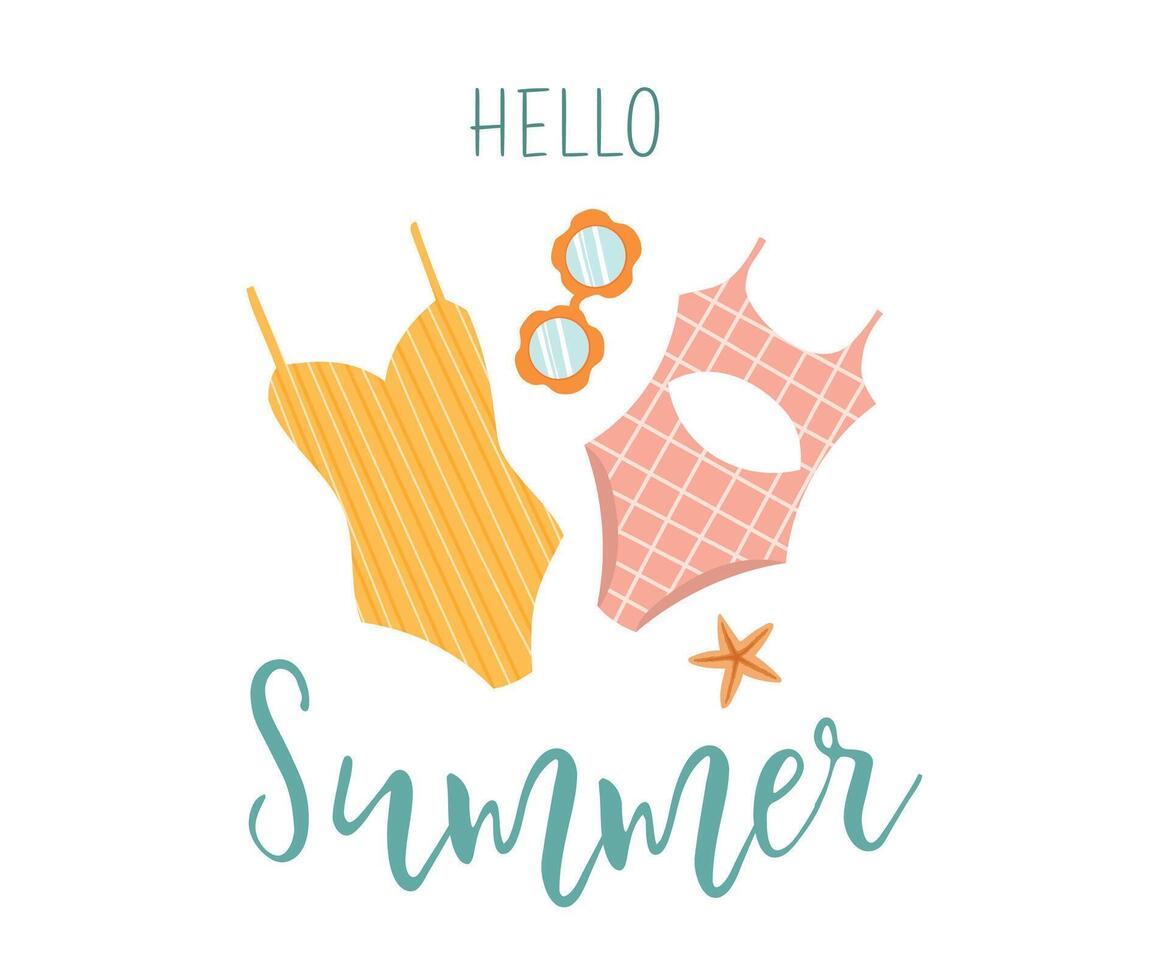 Happy summer card. Hand drawn summer beach accessories on white background. Summer design element for poster, banner, badge, label, print, card, travel. Summer swimwear and sunglasses vector