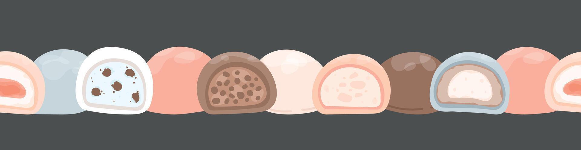 Mochi seamless border. Japanese Mochi with different fillings on black background. Asian sweet food. Japanese Mochi in rice dough in a row. vector