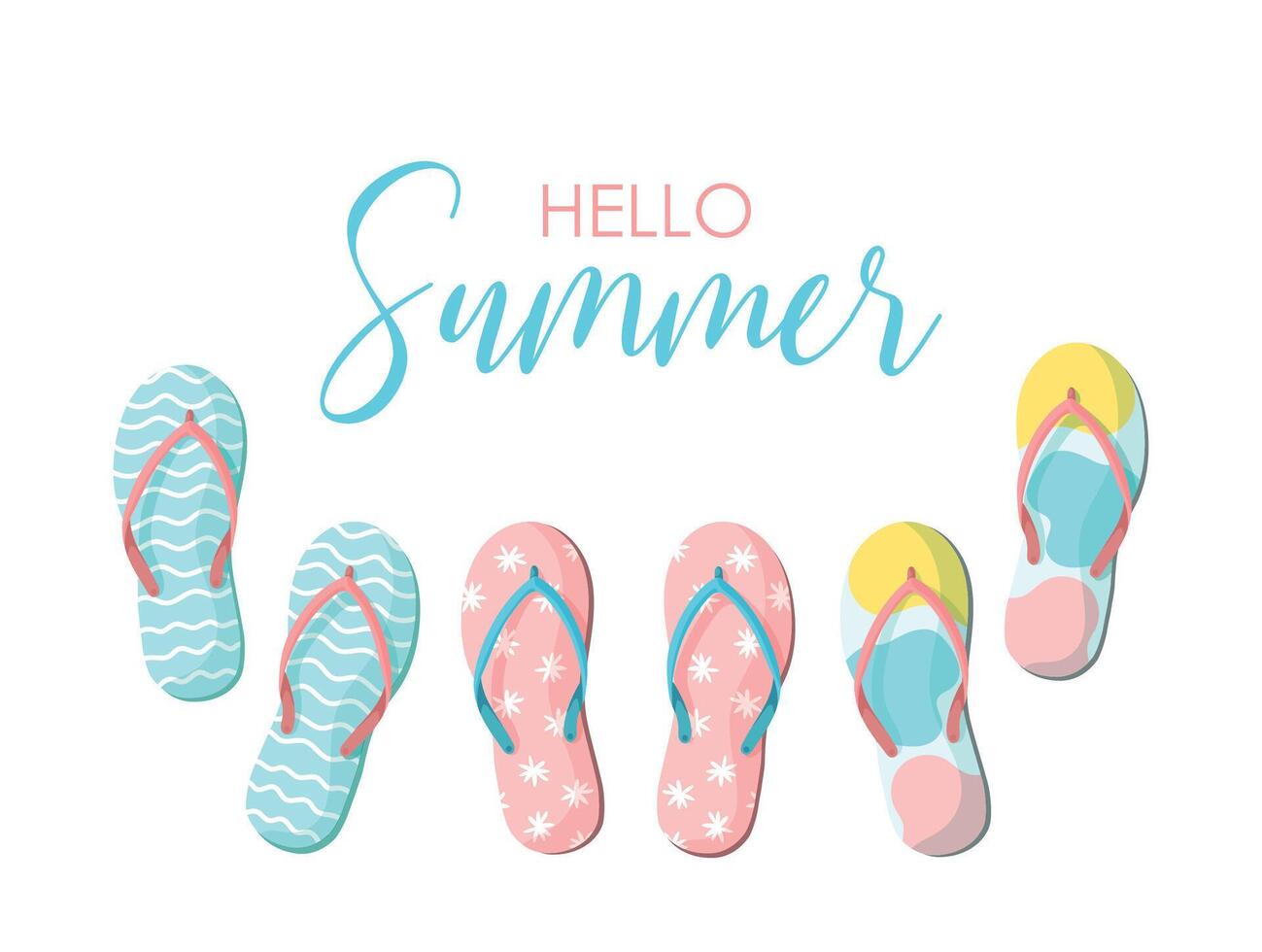 Hello summer card. Colorful summer flip flops on white background. Slippers summer background. Summer design element for poster, banner, badge, label, print, card, travel. vector