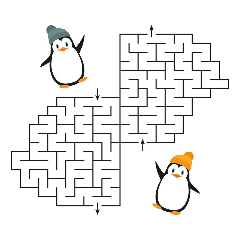 game a labyrinth for two with cute penguins for teaching children. Who can find the way out of the maze faster for the penguin. vector