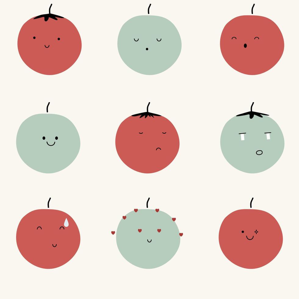 A set of cute hand drawn tomato with face expression character. Cute fruit face expression Character. Pastel background vector