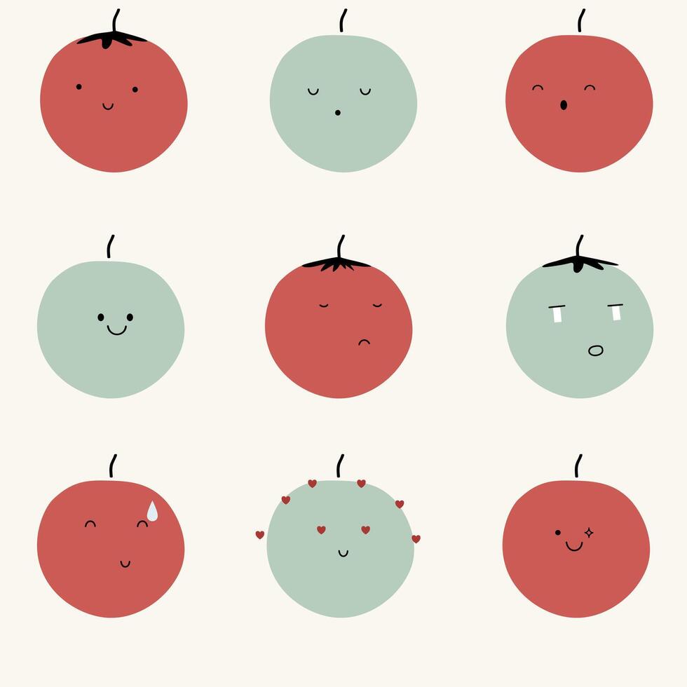 A set of cute hand drawn tomato with face expression character. Cute fruit face expression Character. Pastel background vector