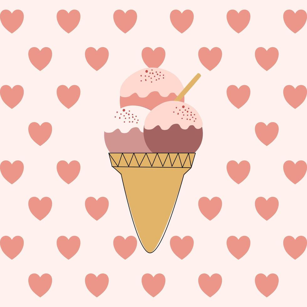 Cute ice cream with cone, wafer roll and love on boho pink suitable for fabric prints, wrapping paper, kids clothing, Kids Apparel, Surface Design, Packaging Pattern vector