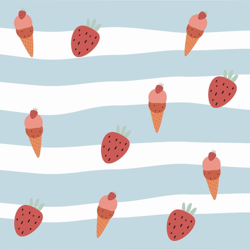 Cute Ice cream with cone, strawberry and abstract stripe on white suitable for fabric prints, wrapping paper, kids clothing, Kids Apparel, Surface Design, Packaging Pattern vector