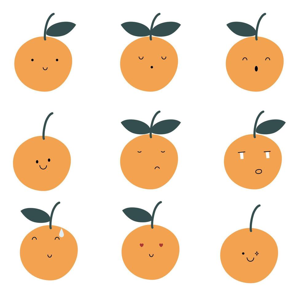 A set of cute hand drawn orange with face expression character. Cute fruit face expression Character. Background vector