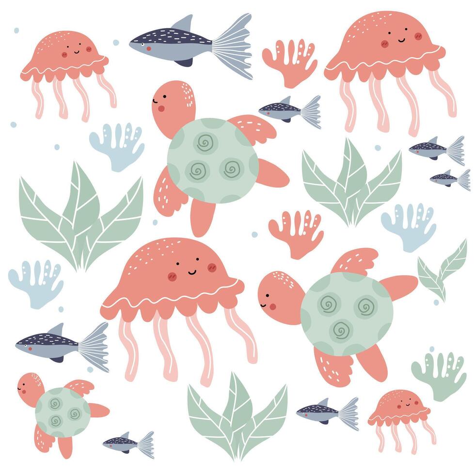 Cute underwater animal pattern. Cute pastel of fish octopus and sea turtle. Underwater background. Pattern for Kids vector