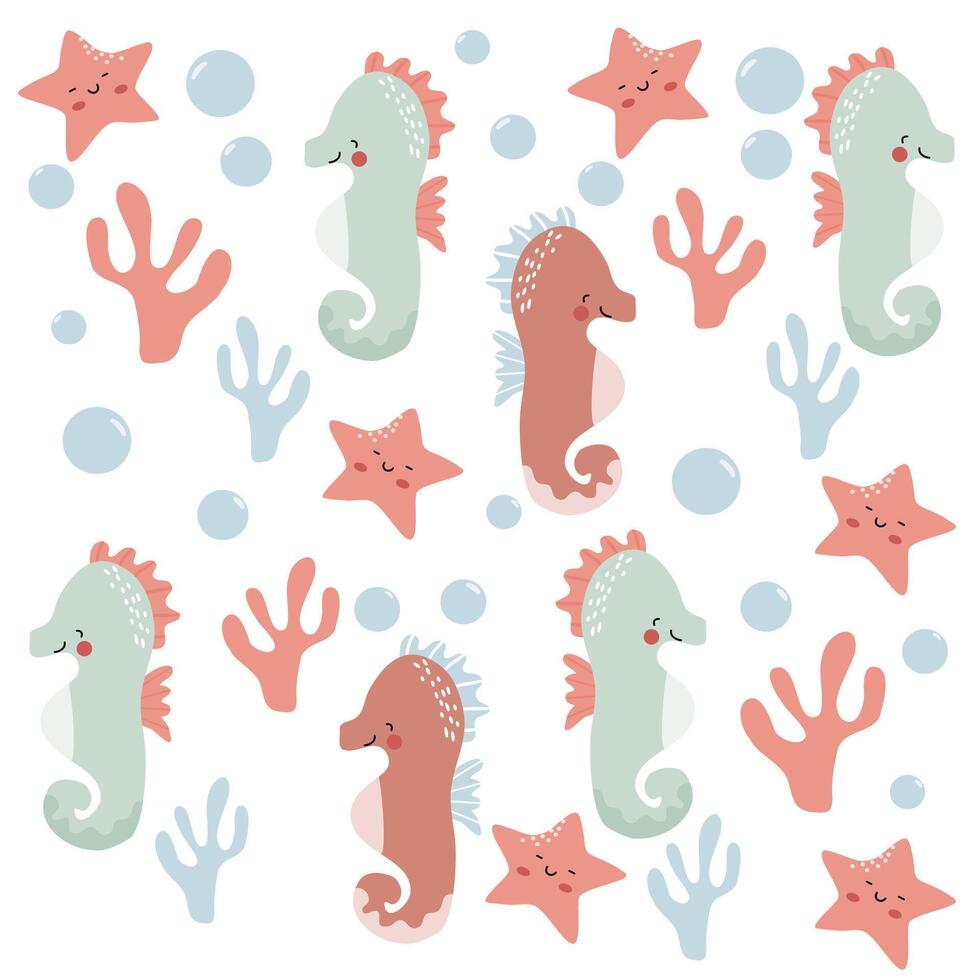 Cute underwater animal pattern. Cute pastel of starfish and seahorse. Underwater background. Pattern for Kids vector