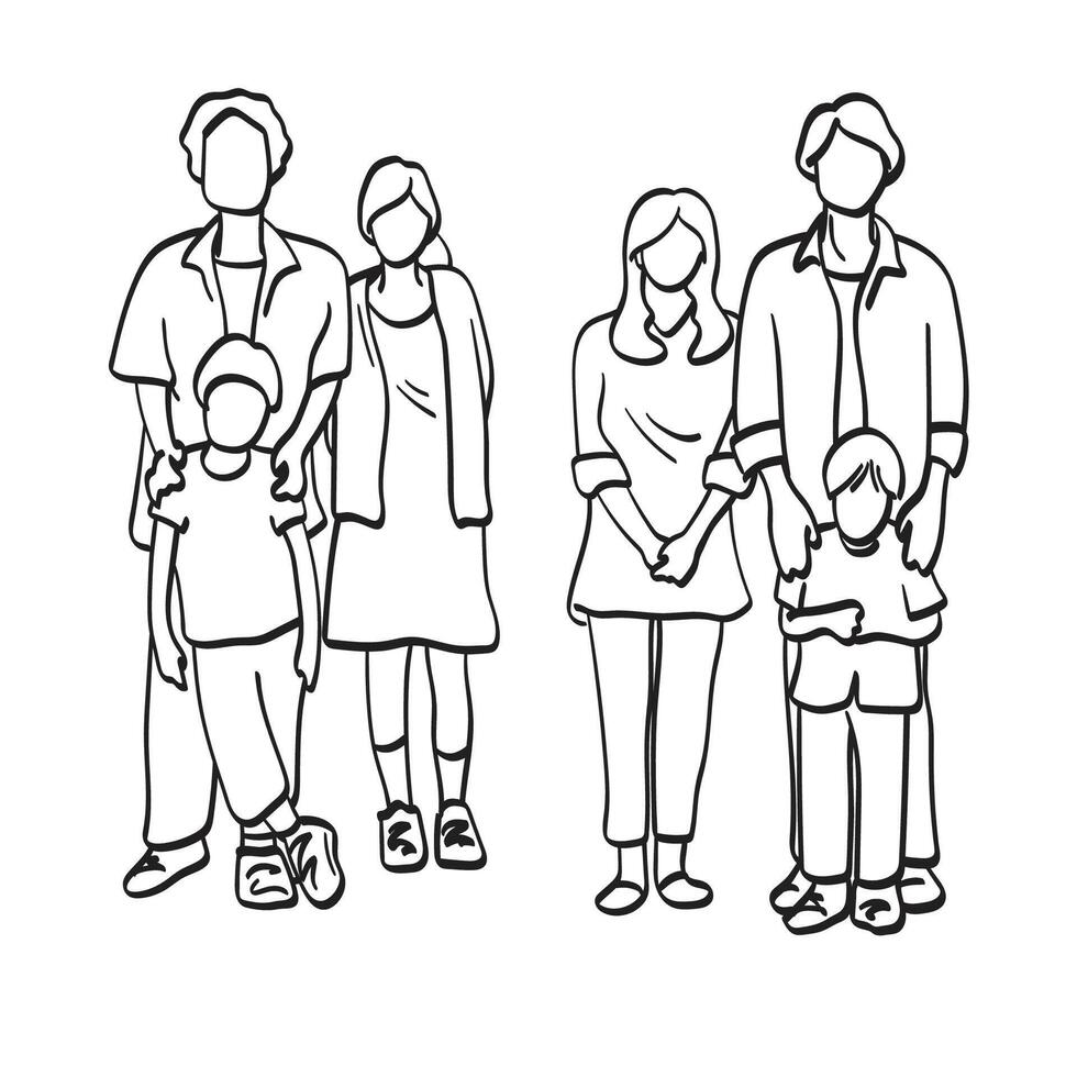 two family with father mother and son standing together illustration hand drawn isolated on white background vector