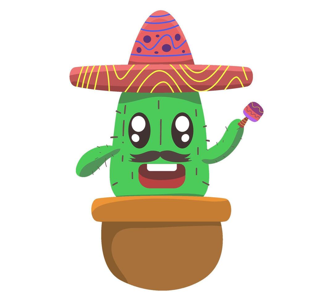 graphic illustration of Cactus with sombrero hat and pipe, perfect for Southwesternthemed designs, Mexican fiesta invitations, or quirky desert illustrations. Great for adobe designs. vector