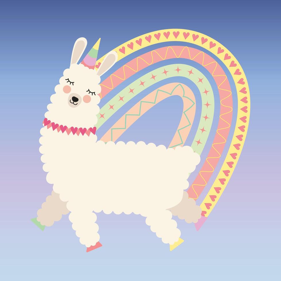 Cute Alpaca Unicorn with Boho Rainbow vector