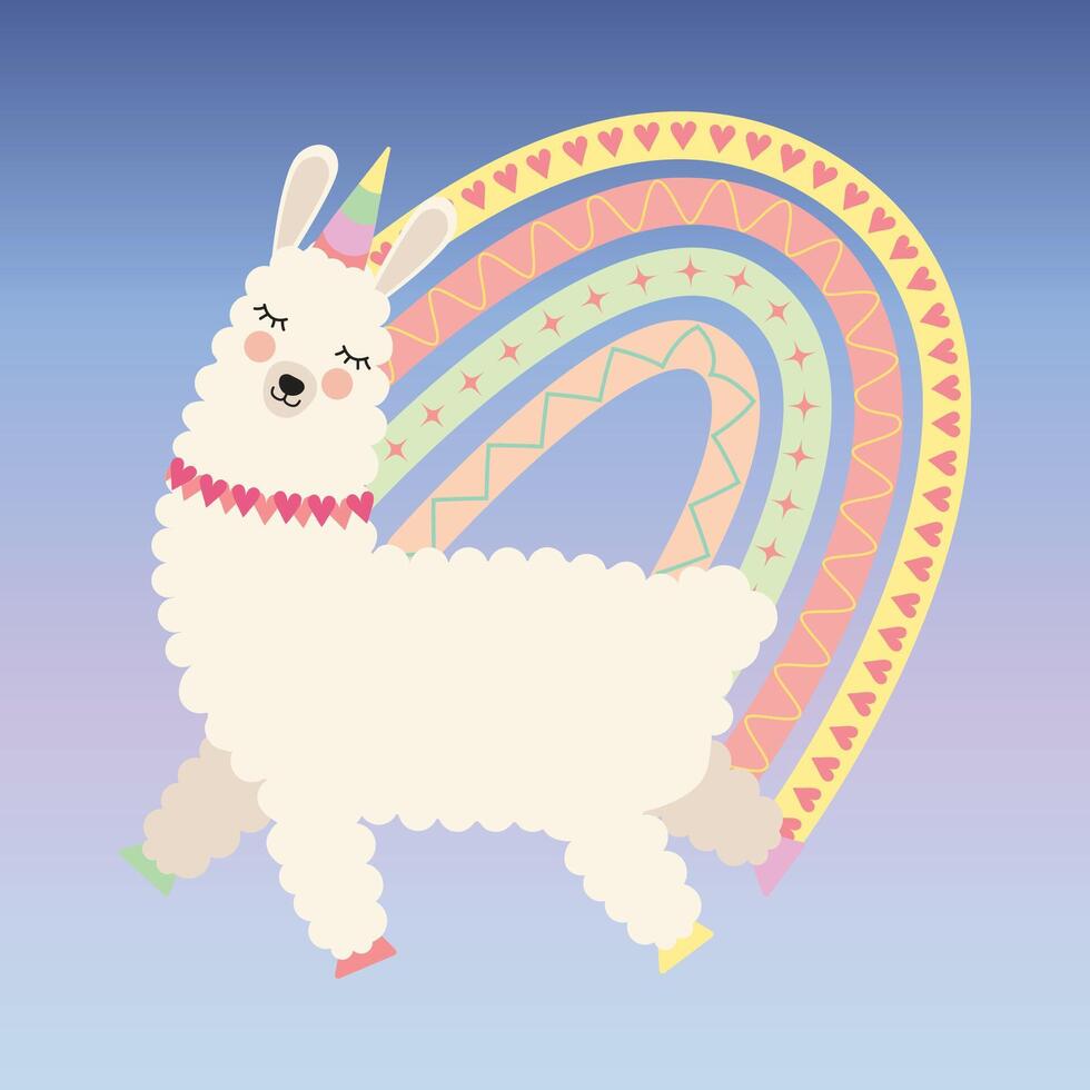 linda alpaca unicornio con boho arco iris vector