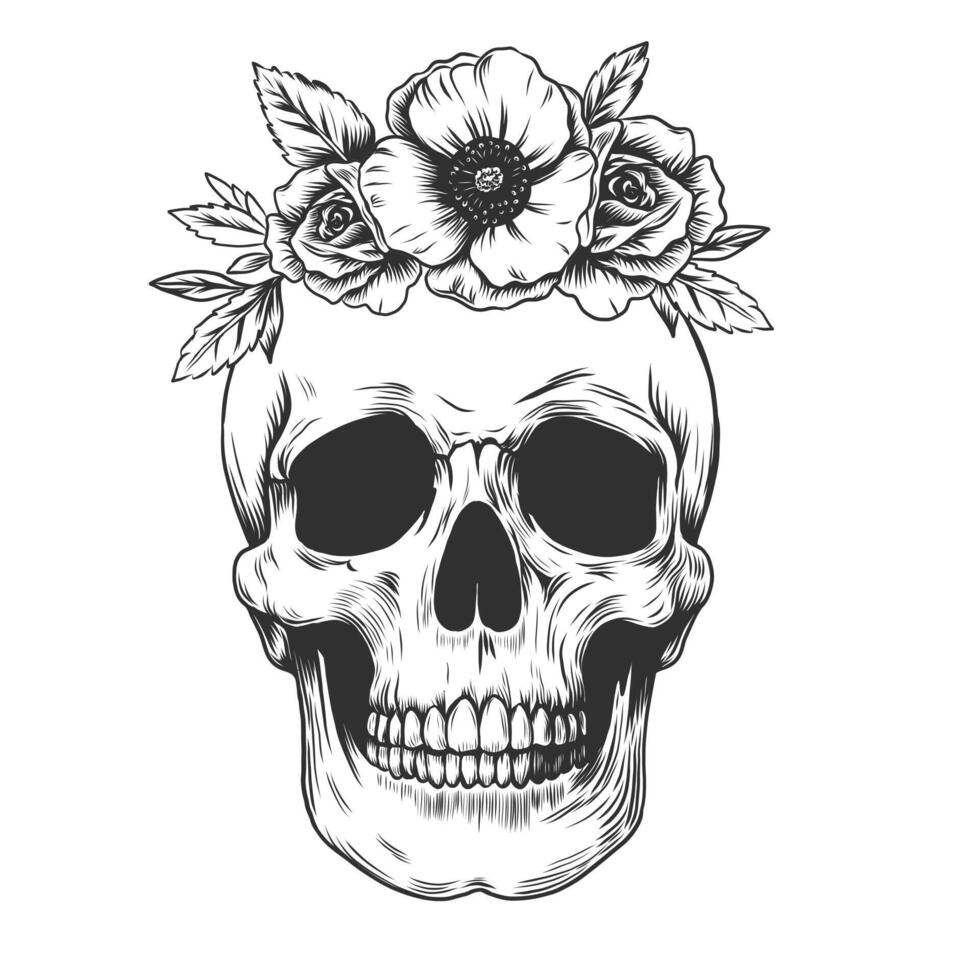 Hand drawn human skull and flowers engraved woodcut etching design like a classic tattoo. Line graphic. illustration isolated on white for Mexican Day of the Dead Dia de los Muertos skull. vector