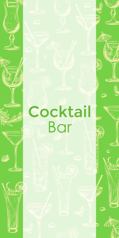Cocktail menu cover design. Alcohol drinks leaflet and flyer layout template. Bar menu brochure with modern line graphic. Engraving illustration. vector