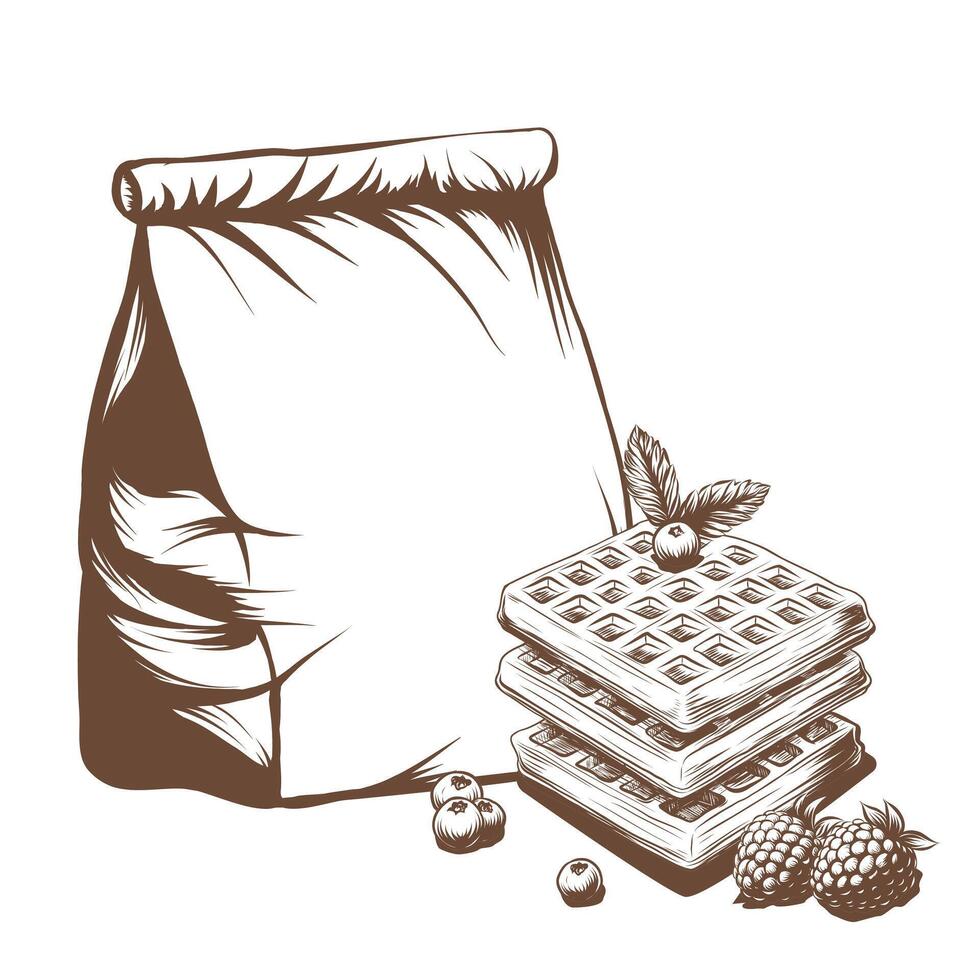 Belgian waffles with berries and takeaway paper bag black and white graphic, monochrome illustration isolated on. Delicious bag with waffers for take out, cafe, bakeries and pastry breakfast designs vector