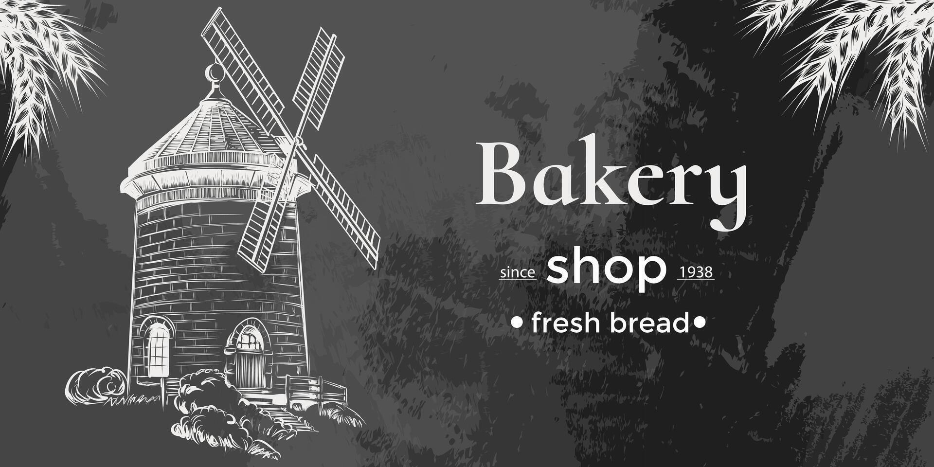 Hand drawn Old windmill graphic illustration for Bakery, farm production, bread shop. Windmill on wheat field. Vintage engraving on chalkboard background vector