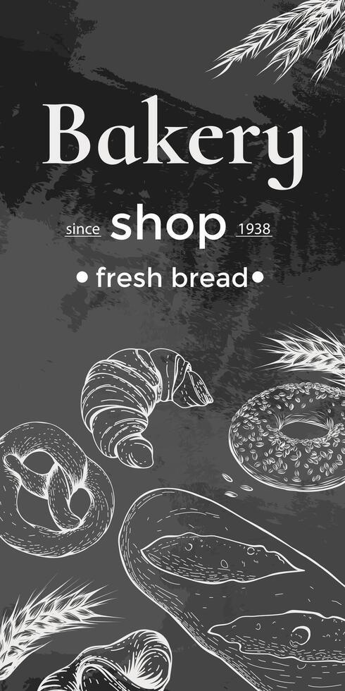 Bakery sketch background. Bakery frame with bread, pretzel, bun, bagel, croissant. Hand drawn bakery template with bread, pastry, sweet for menu cover, poster, design. Engraved food image imitation vector