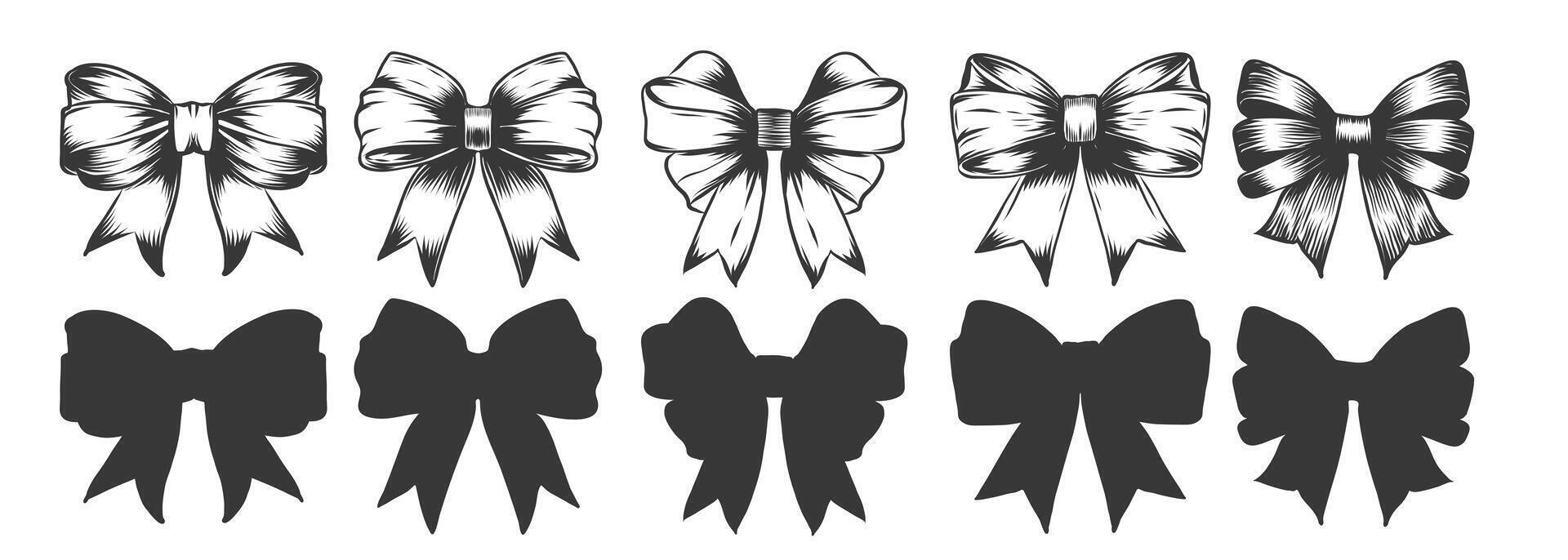 Bows hand drawn illustrations set. Ribbon knots linear drawings. Ink pen bowknots contour cliparts. Bowtie sketches outline collection. Coloring book, find correct shadow design elements vector