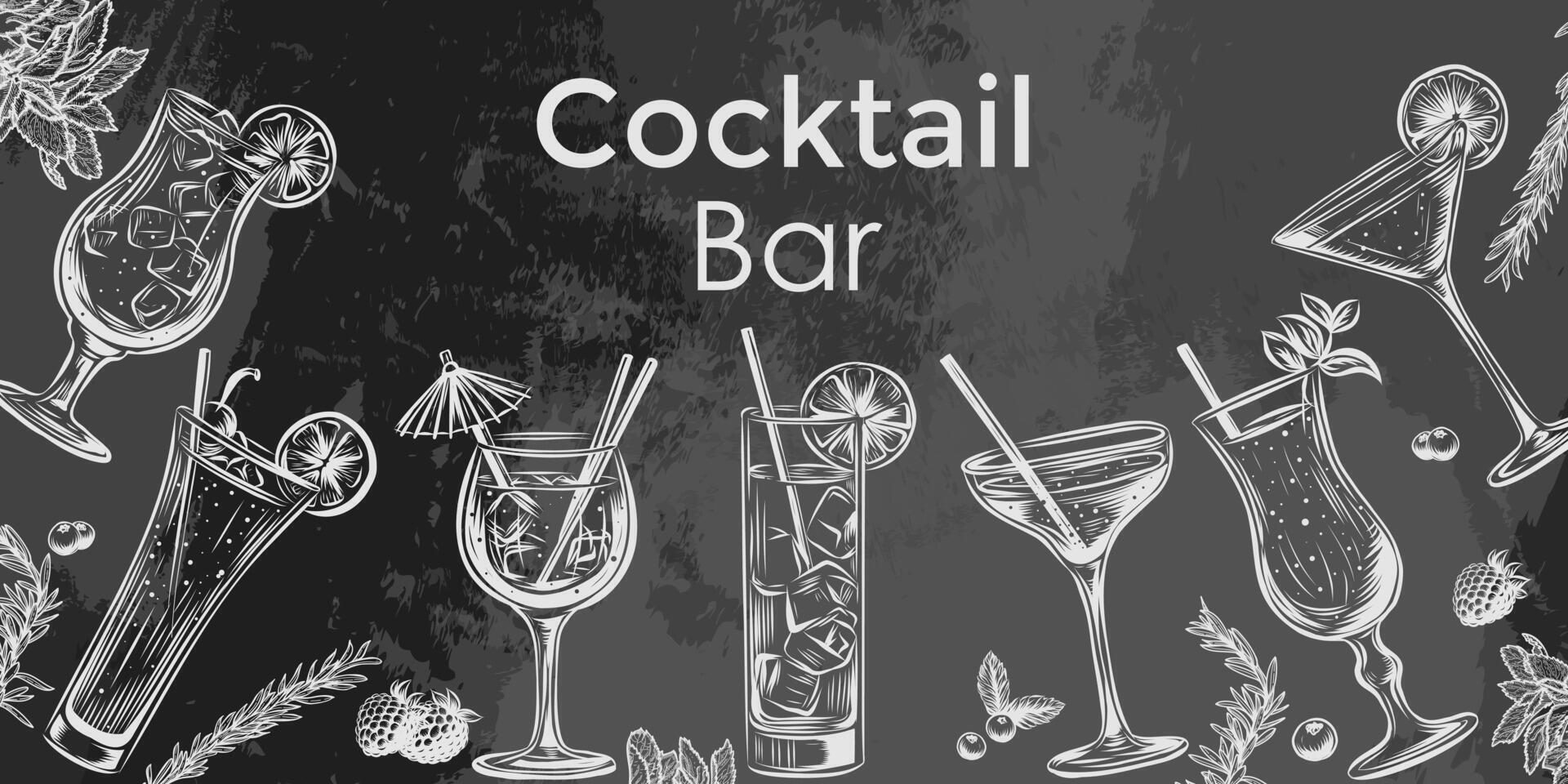 design with hand drawn alcoholic drinks illustration. Vintage beverages sketch background. Retro template isolated on chalkboard with cocktails. Design layout for bar, menu, happy hour vector