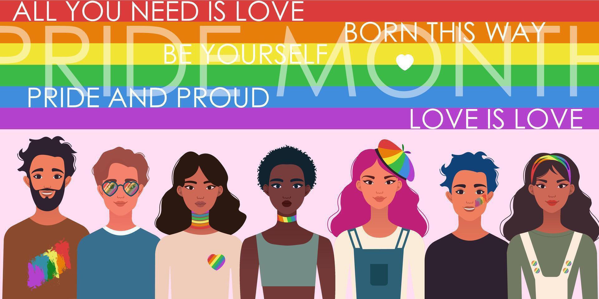 LGBTQ PRIDE month banner with diverse people supporting LGBT plus rights and movements. Sexual freedom and love diversity concept. Gays and lesbians persons. vector