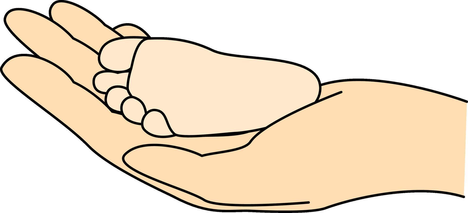 An adult's left hand gently holds the baby's right foot. Parents' hand holds baby's little foot. vector