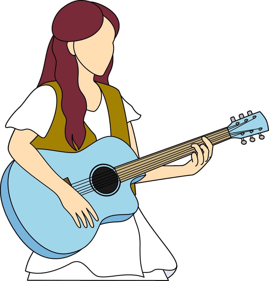 un hermosa de pelo largo hembra músico vestido por casualidad es jugando un hermosa guitarra melodía sin prisa vector