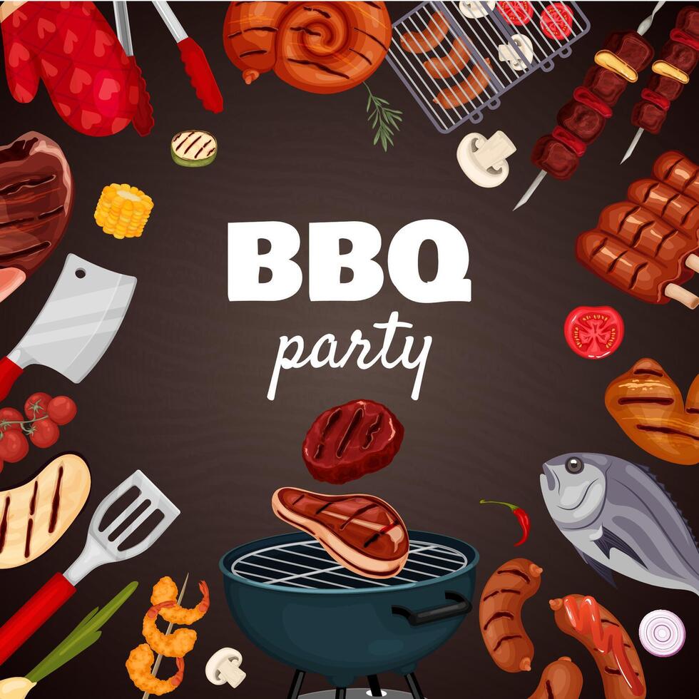 View square frame with grilled meat and vegetables. vector
