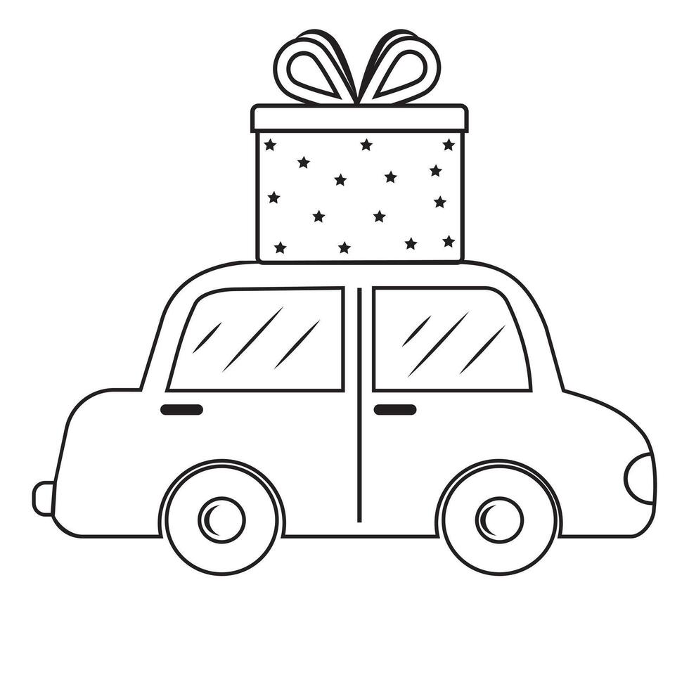 Car with a gift on the roof, black outline, doodle style, coloring vector