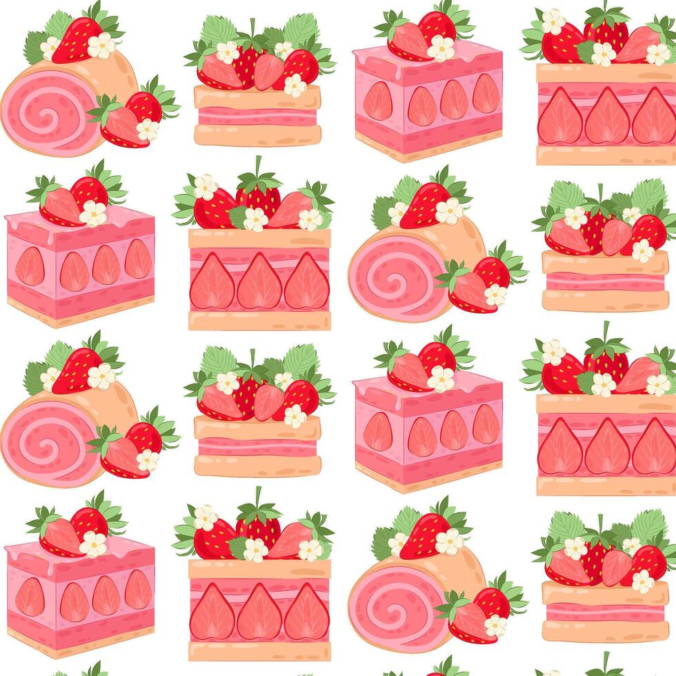 Set of dessert with red strawberries in flat style. Pattern with different strawberry cakes. Pattern for textile, wrapping paper, background. vector