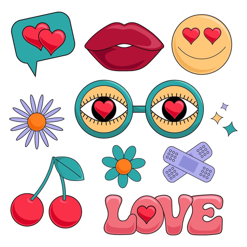 Set of retro style icons. Groovy set. Cartoon flower lips glasses cherry. vector