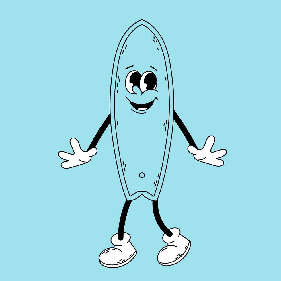 Groovy surfboard character. Funny cartoon retro character surfboard in doodle style. Surfing. vector