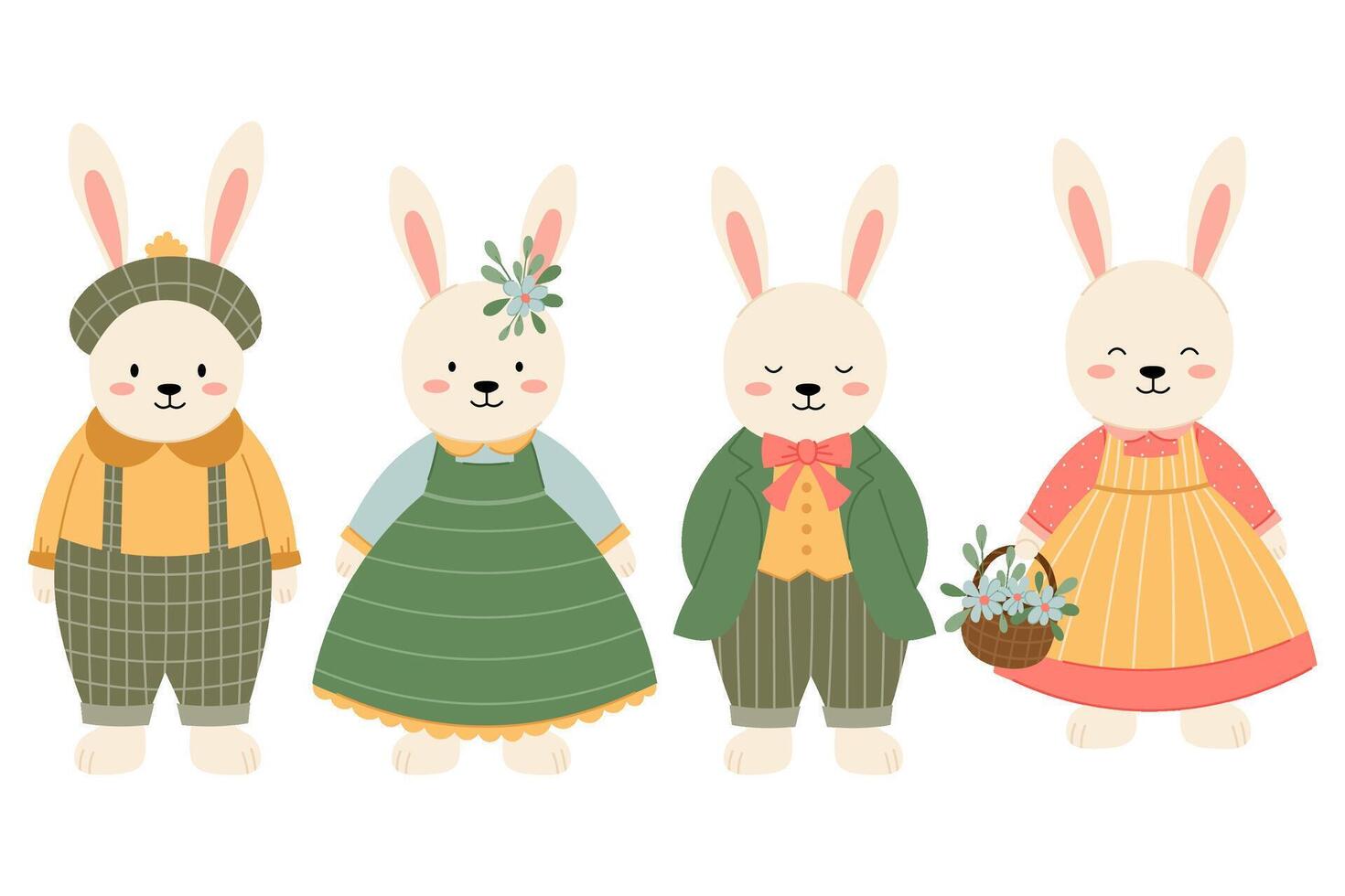 Set of Easter bunnies. Illustration of hares in vintage costumes. Kids funny characters. vector