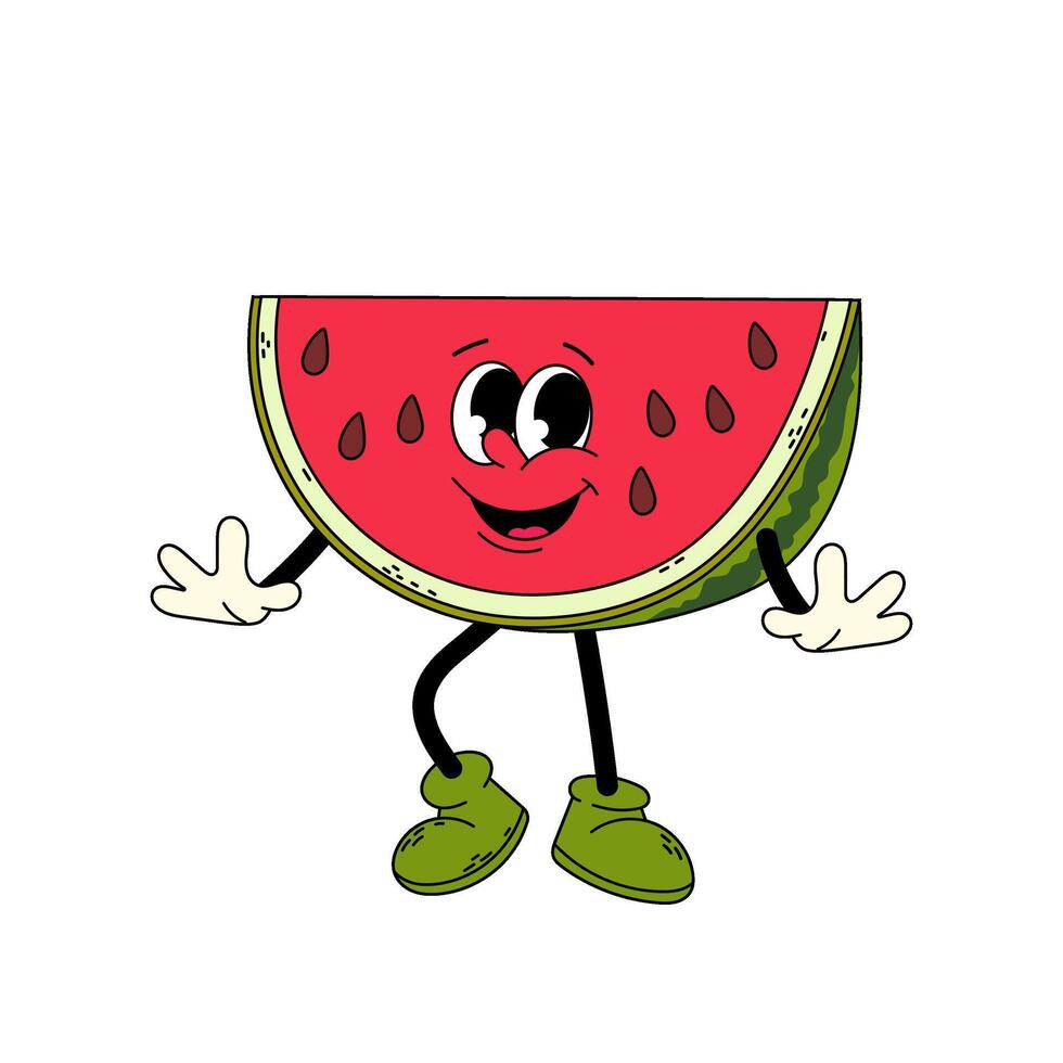 Slice of ripe watermelon in flat style. Plum character. Funny cartoon retro character in flat style. Groovy character. vector