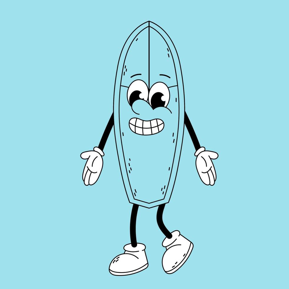 Surfing. Surfboard doodle character. Funny cartoon retro character in flat style. vector