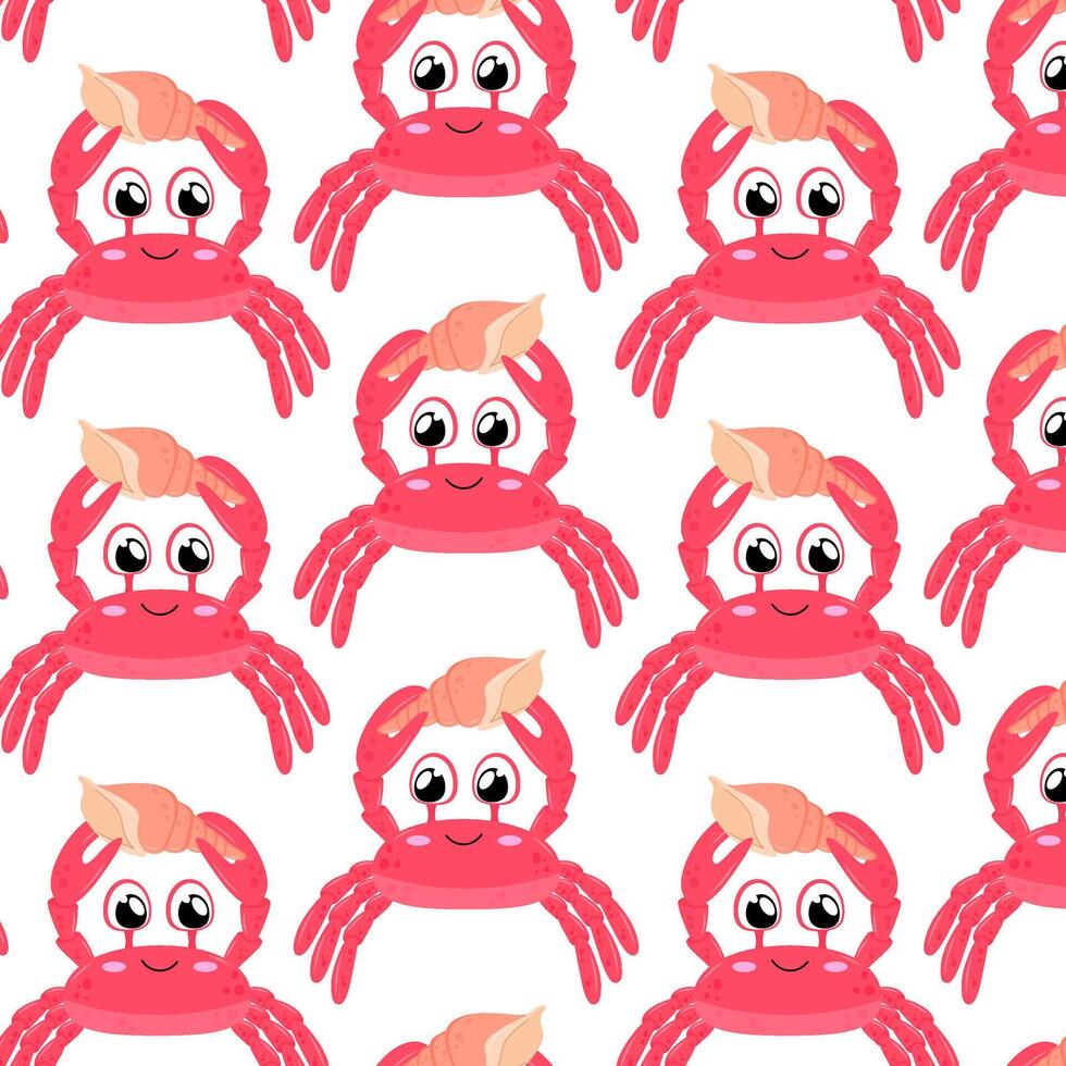 Crab in flat style. Pattern with cute crab with shell. Undersea world. Pattern for textile, wrapping paper, background. vector