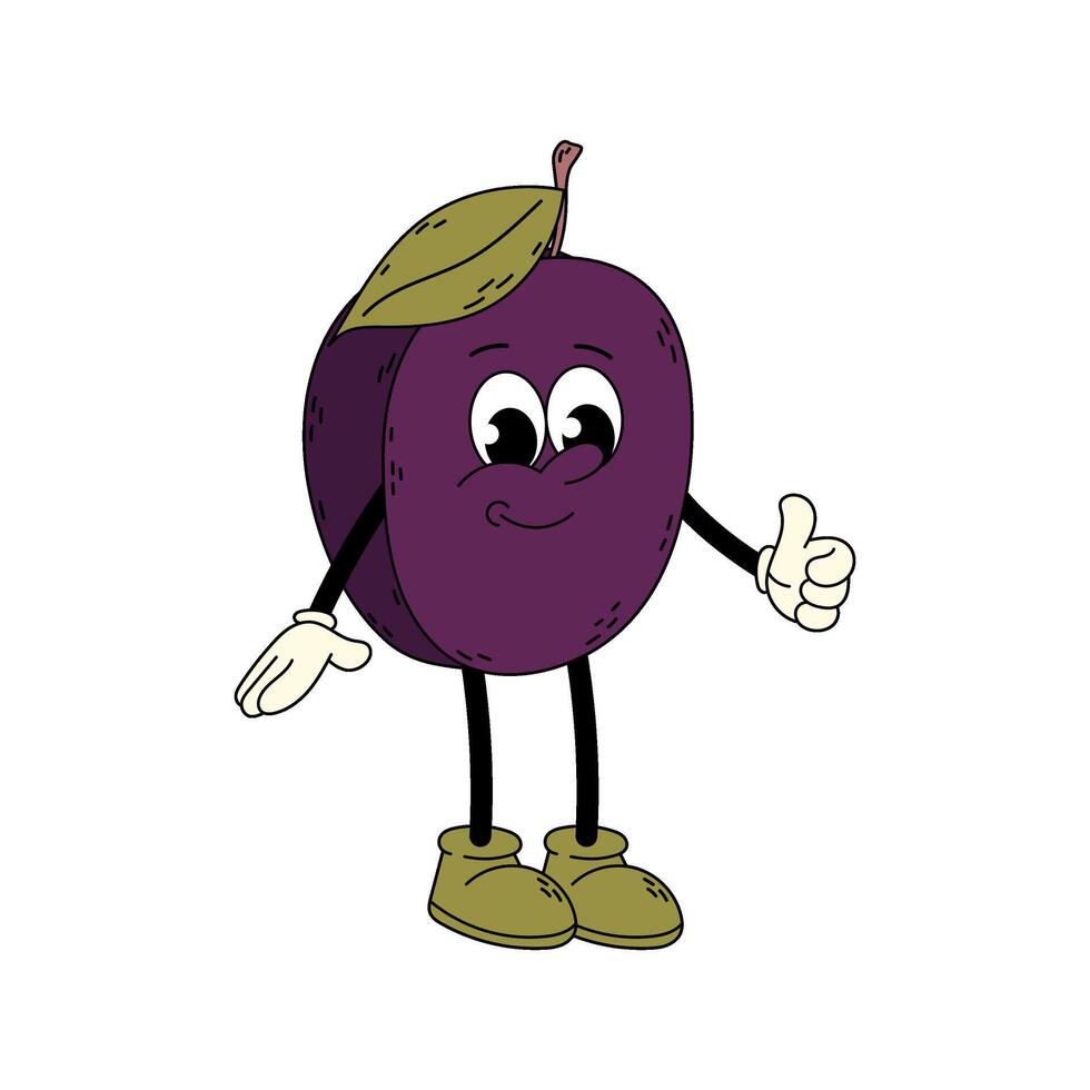 Ripe plum in flat style. Plum character. Funny cartoon retro character in flat style. Groovy character. vector