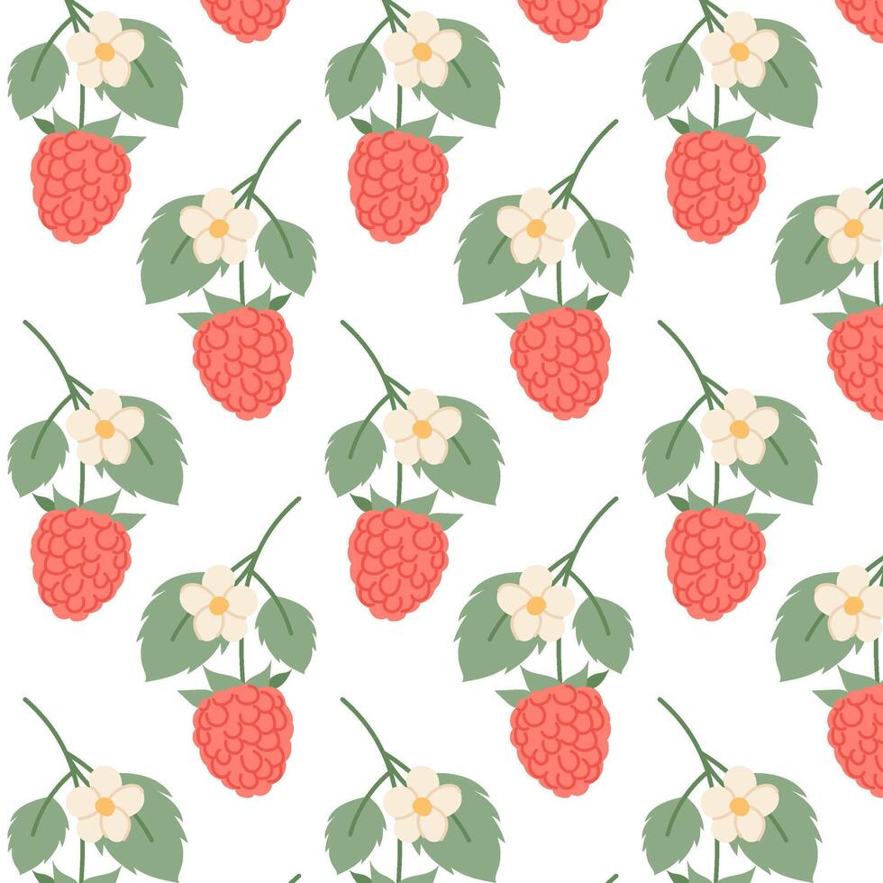 Pattern with ripe raspberries. Raspberry branch in flat style. Background with berries. Pattern for textile, wrapping paper, background. vector