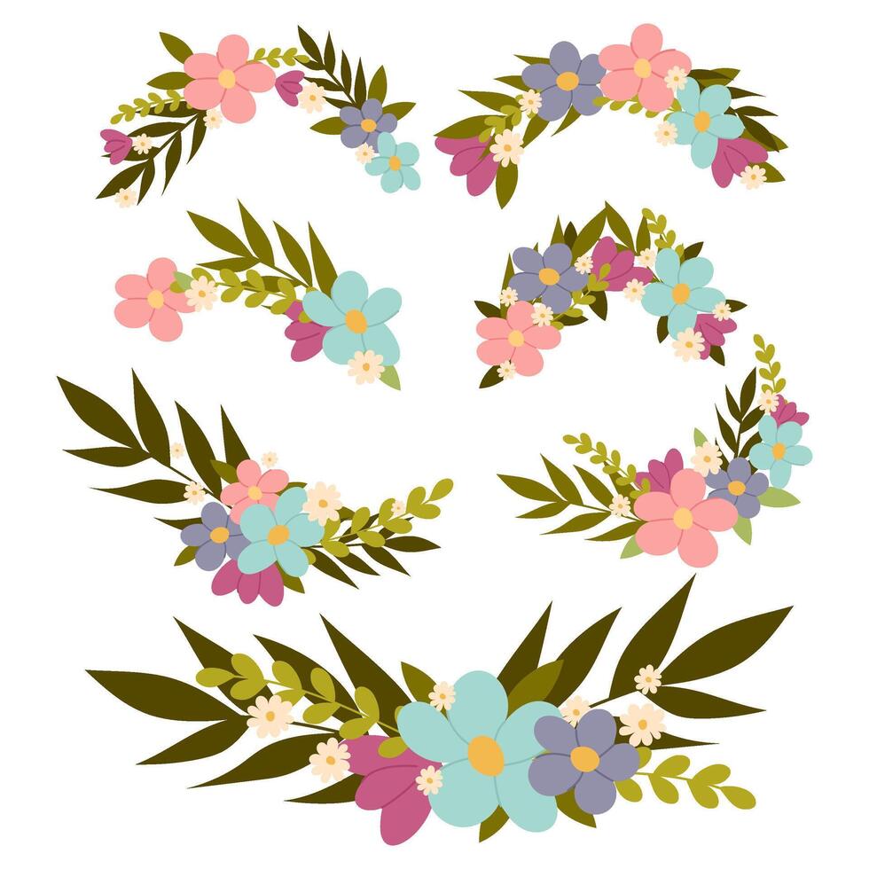 conjunto de ilustraciones de leña menuda con flores para decoración. decorativo botánico elementos en plano estilo. flores en plano estilo. vector