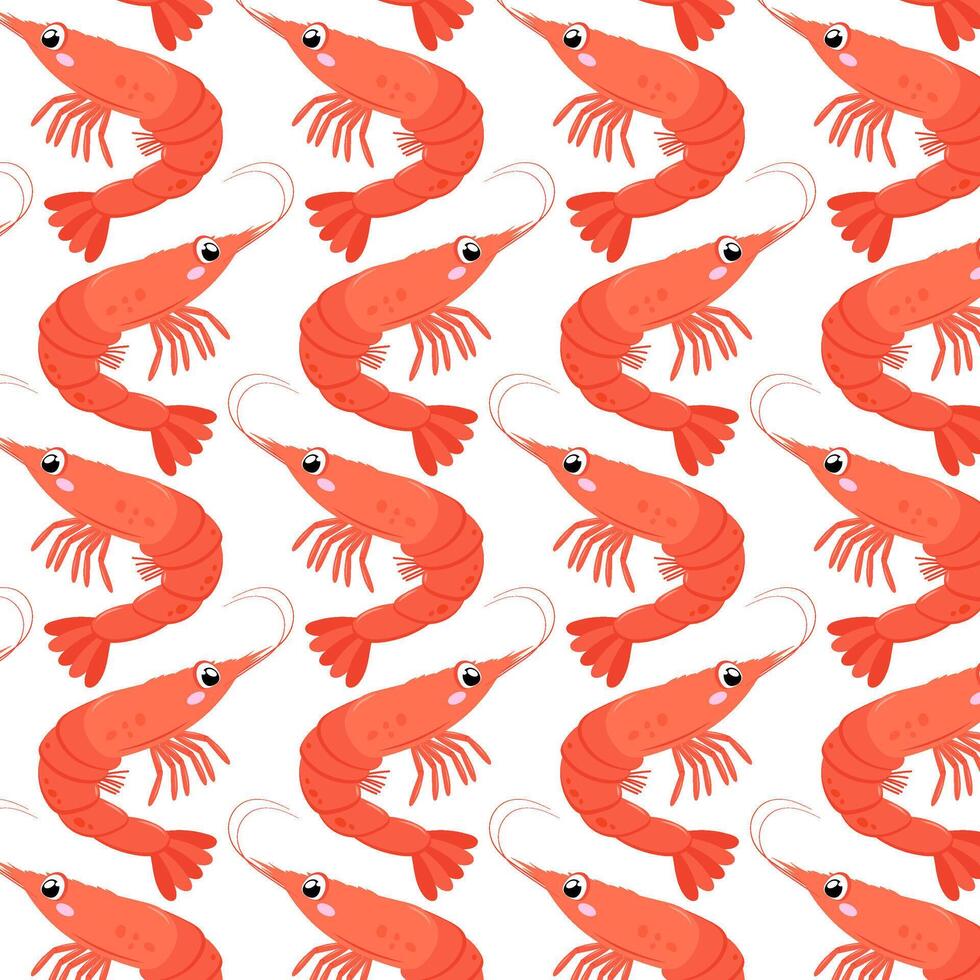 Shrimp in flat style. Pattern with cute sea shrimp. Undersea world. Seamless pattern for textile, wrapping paper, background. vector