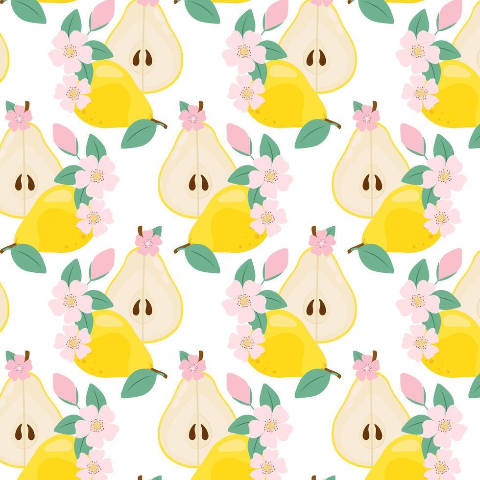 Yellow pear in flat style. Half a pear with flowers. Pattern with ripe pear. Pattern for textile, wrapping paper, background. vector