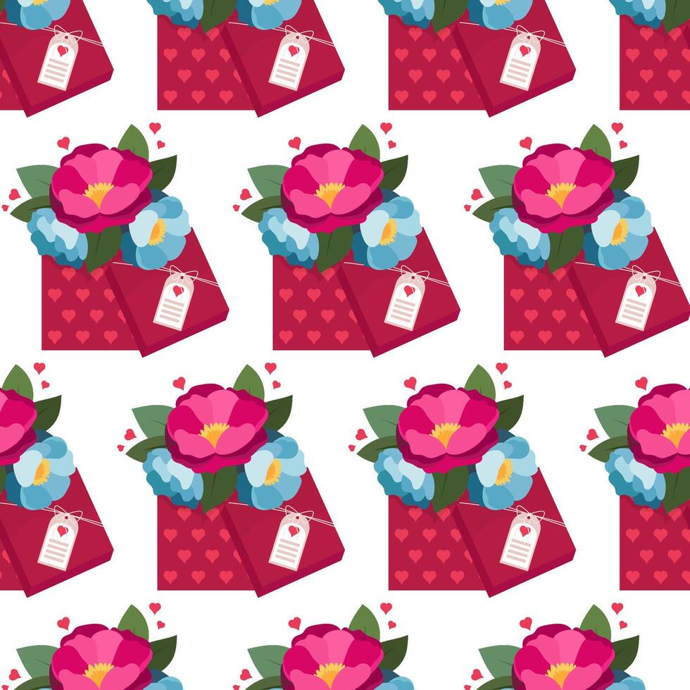 regalo caja con flores en plano estilo. festivo modelo. modelo para textil, envase papel, antecedentes. vector